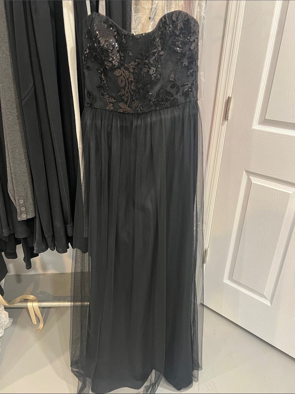Amsale Black Strapless Sequin Lace Bodice Prom Dress